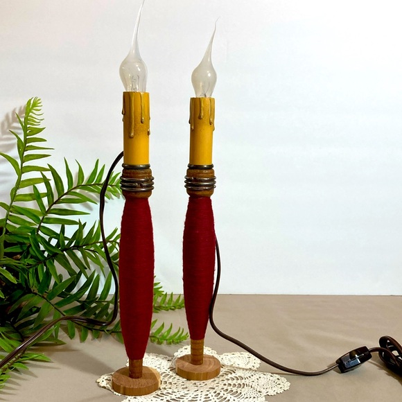 Vintage Thread Spools With Primitive Candle Lights Set - Picture 1 of 16
